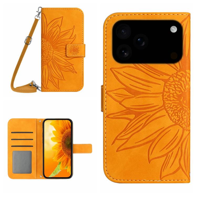 For iPhone 17 Pro Skin Feel Sun Flower Embossed Flip Leather Phone Case with Lanyard(Yellow)
