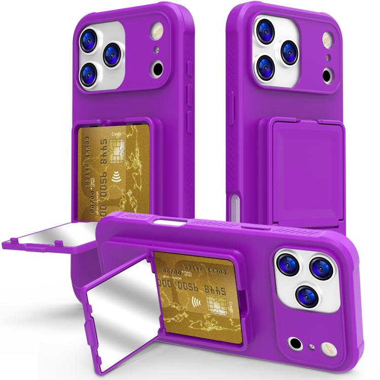 For iPhone 17 Pro Skin Feel TPU Hidden Mirror Card Bag Phone Case with Stand(Dark Purple)