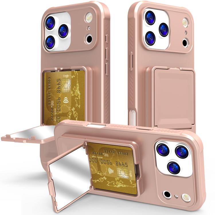 For iPhone 17 Pro Skin Feel TPU Hidden Mirror Card Bag Phone Case with Stand(Rose Gold)