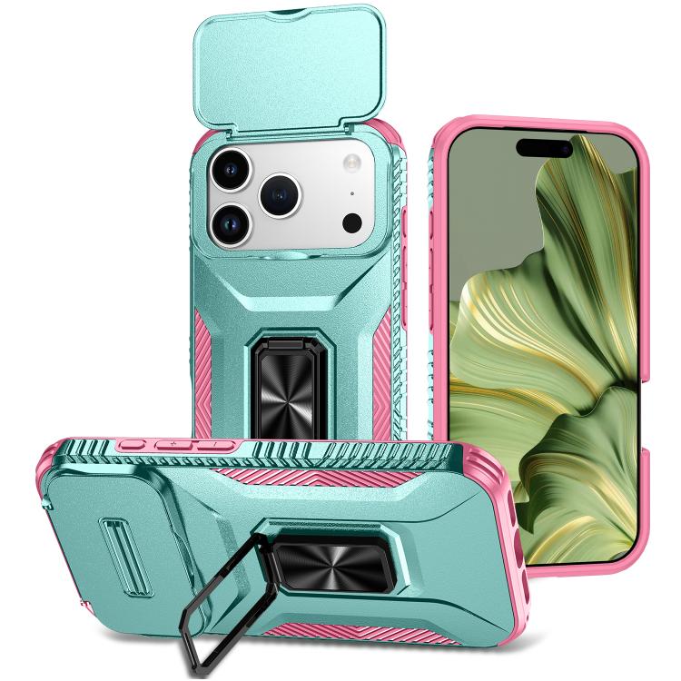 For iPhone 17 Pro Sliding Camshield Holder Phone Case(Pink + Grey Green)