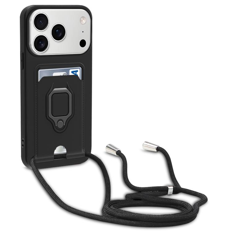 For iPhone 17 Pro Sliding Camshield Magnetic Card Holder Silicone Phone Case with Lanyard(Black)