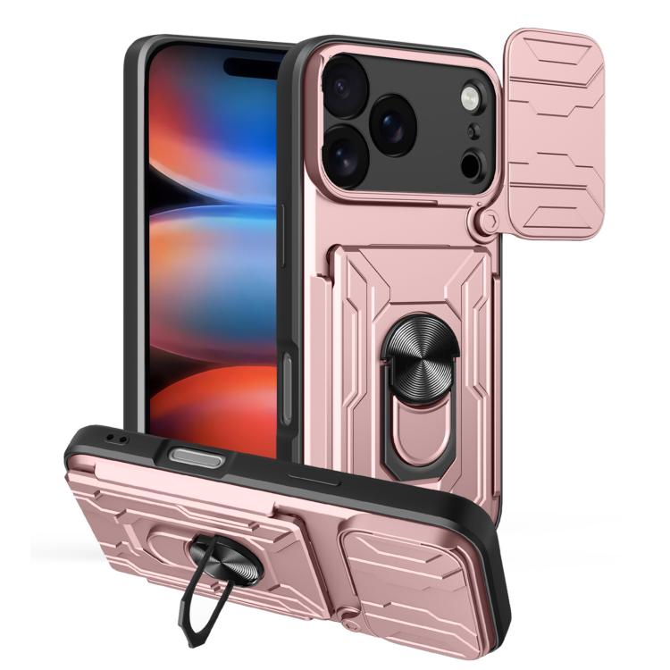 For iPhone 17 Pro Sliding Camshield TPU+PC Phone Case with Card Slot(Rose Gold)