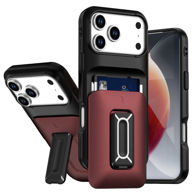 For iPhone 17 Pro Sliding Card Holder Integrated Phone Case with Kickstand(Black Red)