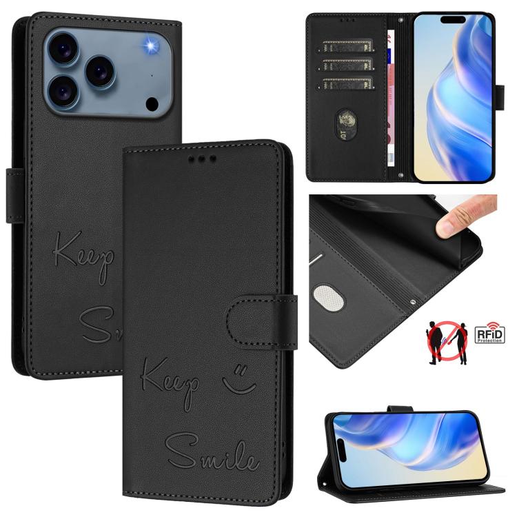 For iPhone 17 Pro Smile Embossing RFID Leather Phone Case(Black)