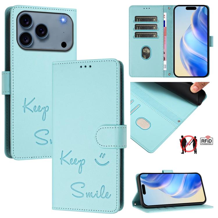 For iPhone 17 Pro Smile Embossing RFID Leather Phone Case(Mint Green)