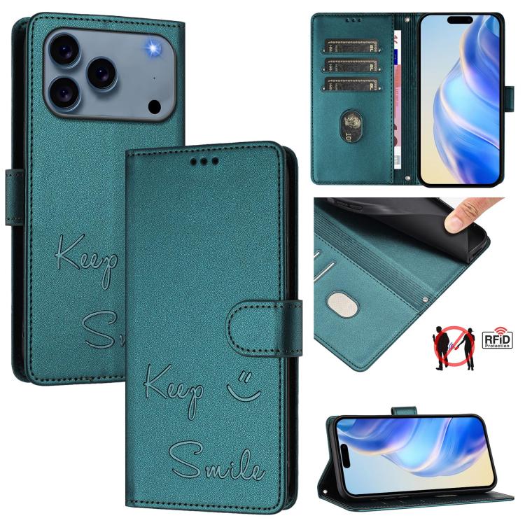 For iPhone 17 Pro Smile Embossing RFID Leather Phone Case(Peacock Green)