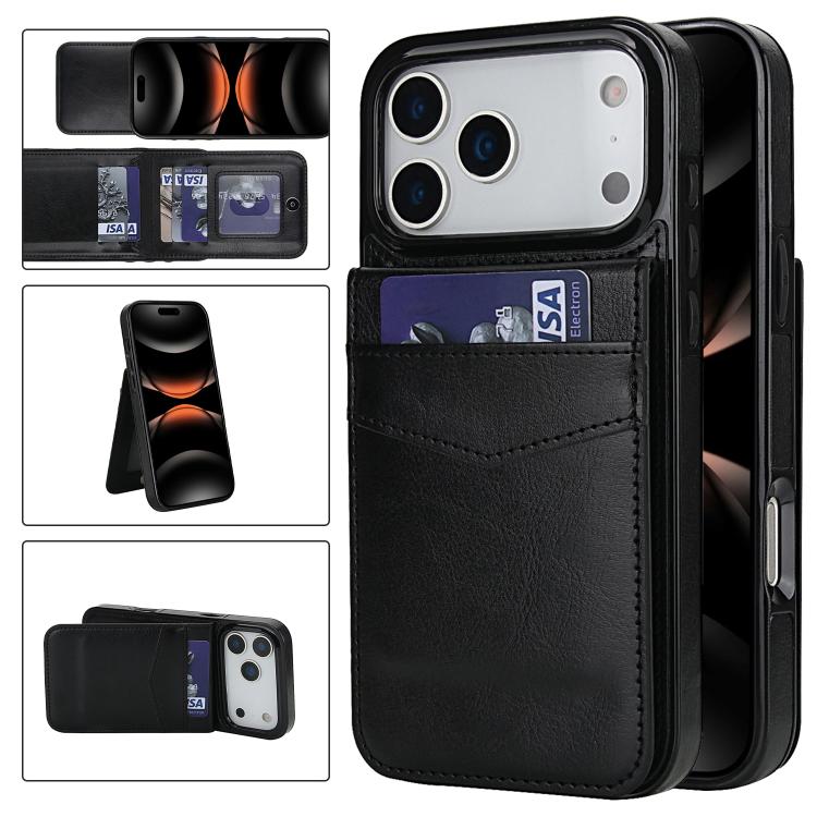 For iPhone 17 Pro Solid Color Card Slots Bracket PU Phone Case(Black)