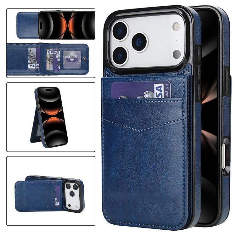 For iPhone 17 Pro Solid Color Card Slots Bracket PU Phone Case(Blue)