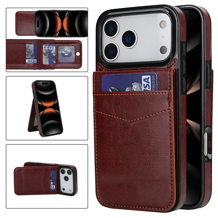 For iPhone 17 Pro Solid Color Card Slots Bracket PU Phone Case(Brown)