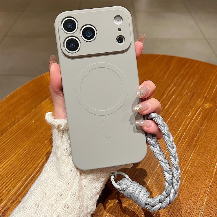 For iPhone 17 Pro Solid Color Liquid Silicone Magnetic Phone Case with Lanyard(Grey)
