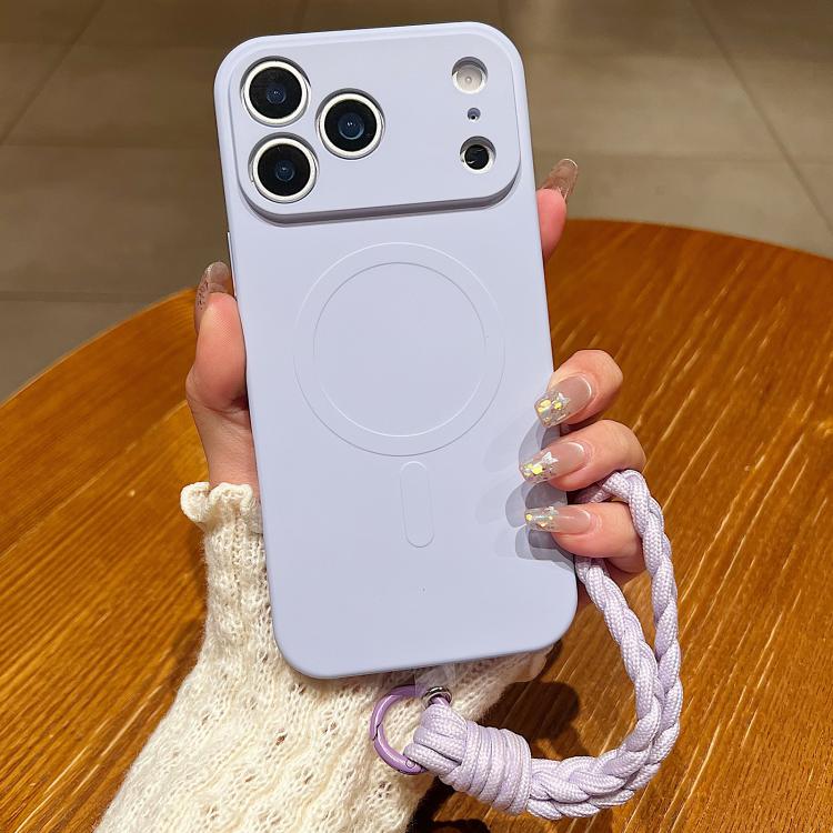 For iPhone 17 Pro Solid Color Liquid Silicone Magnetic Phone Case with Lanyard(Lilac Purple)