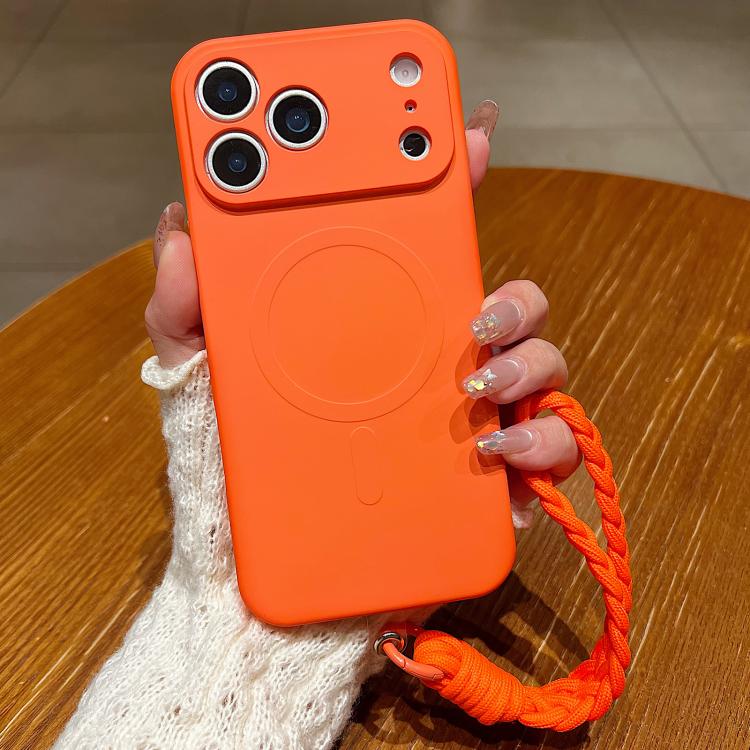 For iPhone 17 Pro Solid Color Liquid Silicone Magnetic Phone Case with Lanyard(Orange)