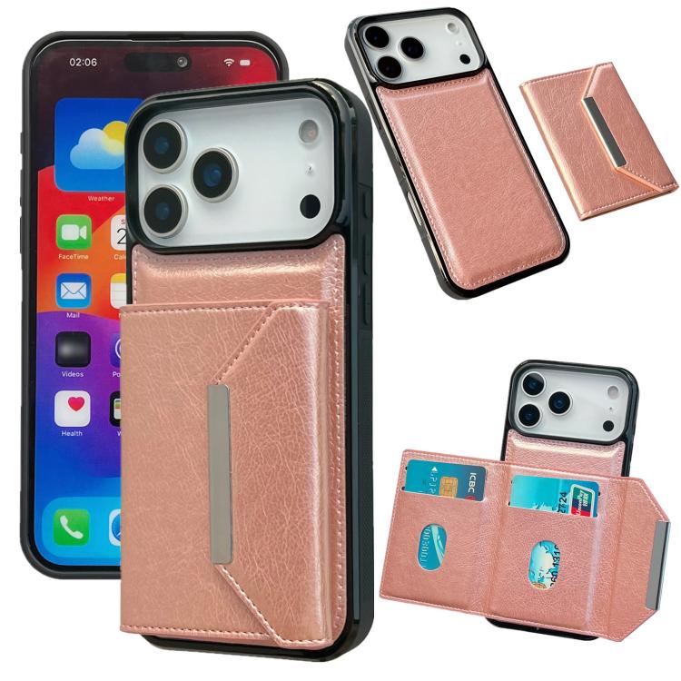 For iPhone 17 Pro Solid Color Metal Buckle Card Slots Bag Phone Case(Rose Gold)