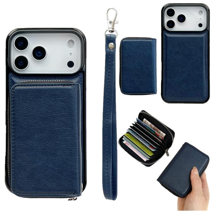 For iPhone 17 Pro Solid Color Zipper 11-Card Slots Bag Phone Case with Lanyard(Blue)