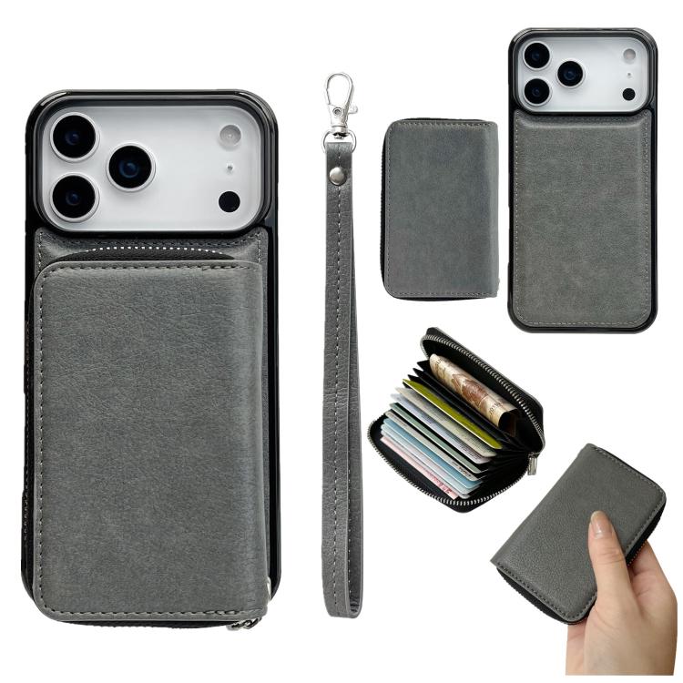 For iPhone 17 Pro Solid Color Zipper 11-Card Slots Bag Phone Case with Lanyard(Grey)