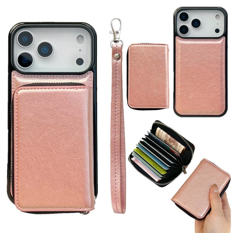 For iPhone 17 Pro Solid Color Zipper 11-Card Slots Bag Phone Case with Lanyard(Rose Gold)