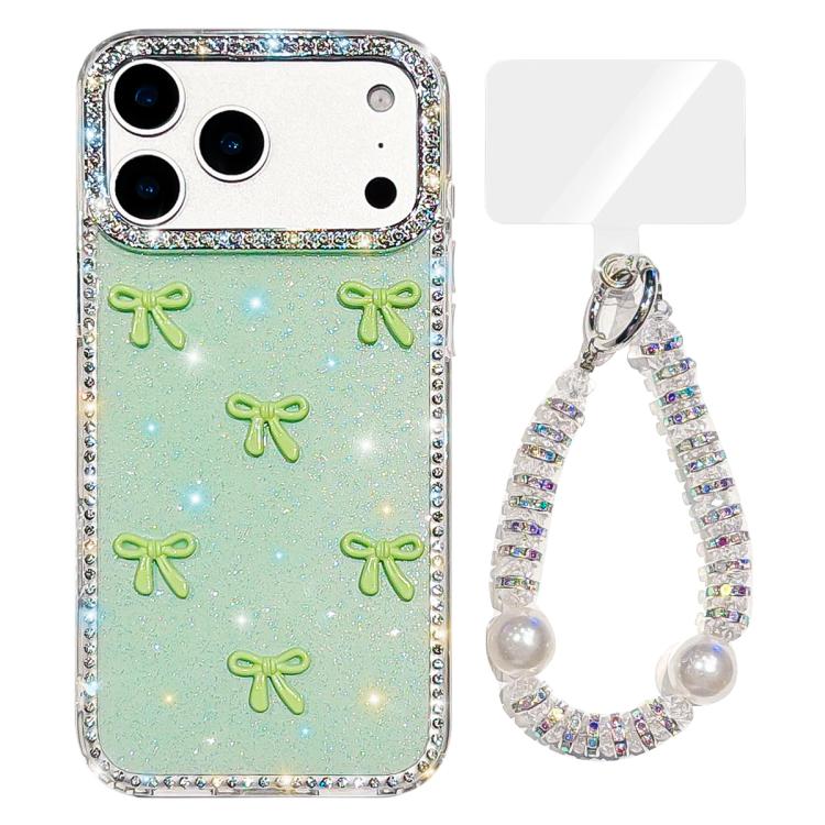 For iPhone 17 Pro Sparkling IMD Colorful Bow Phone Case with Bracelet(Glitter Light Green)