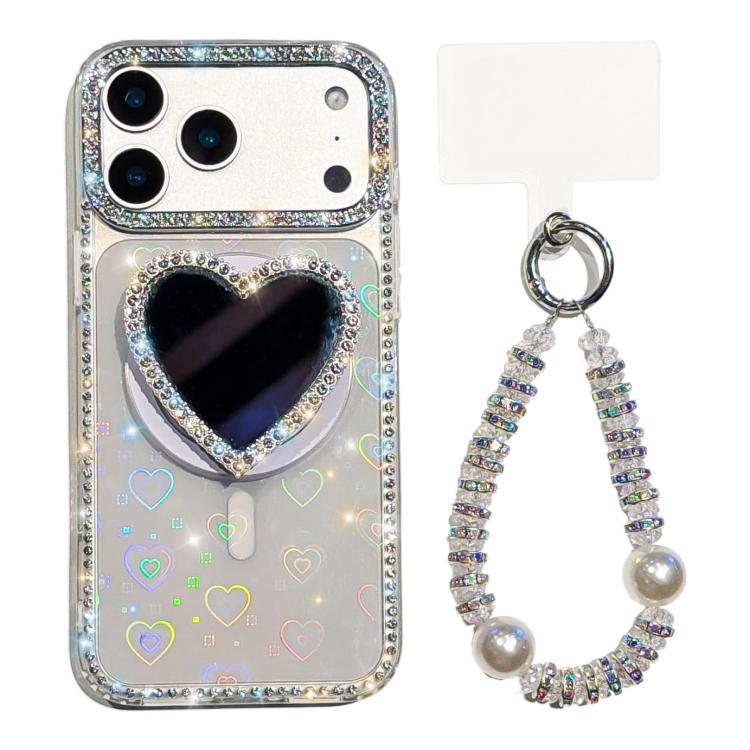For iPhone 17 Pro Sparkling IMD Heart-Shaped Mirror Magnetic Phone Case with Bracelet(Love Transparent)