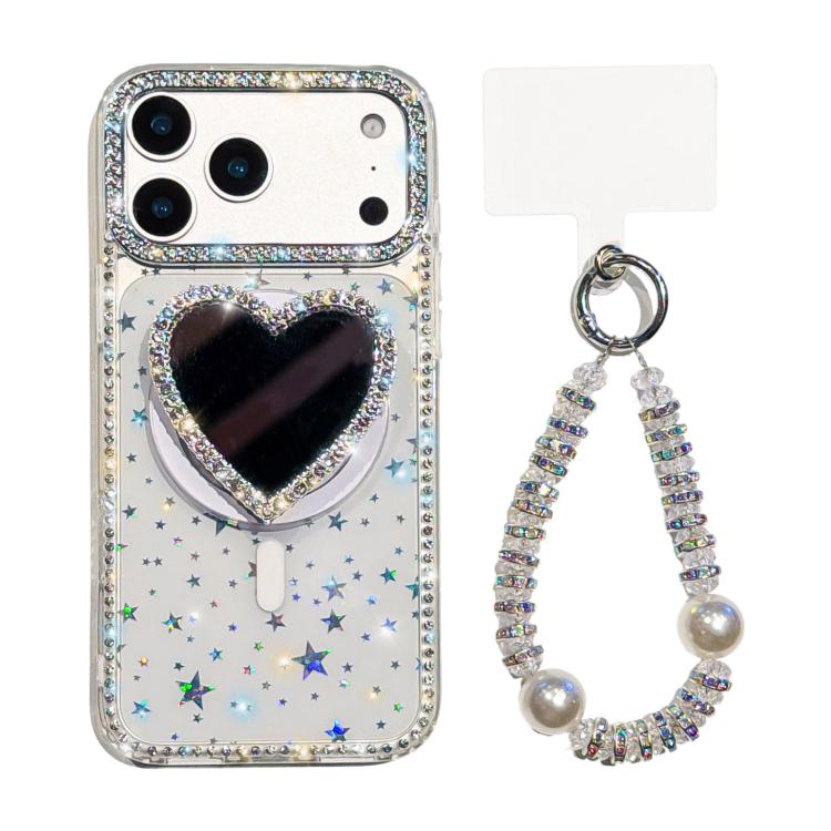 For iPhone 17 Pro Sparkling IMD Heart-Shaped Mirror Magnetic Phone Case with Bracelet(Star Transparent)
