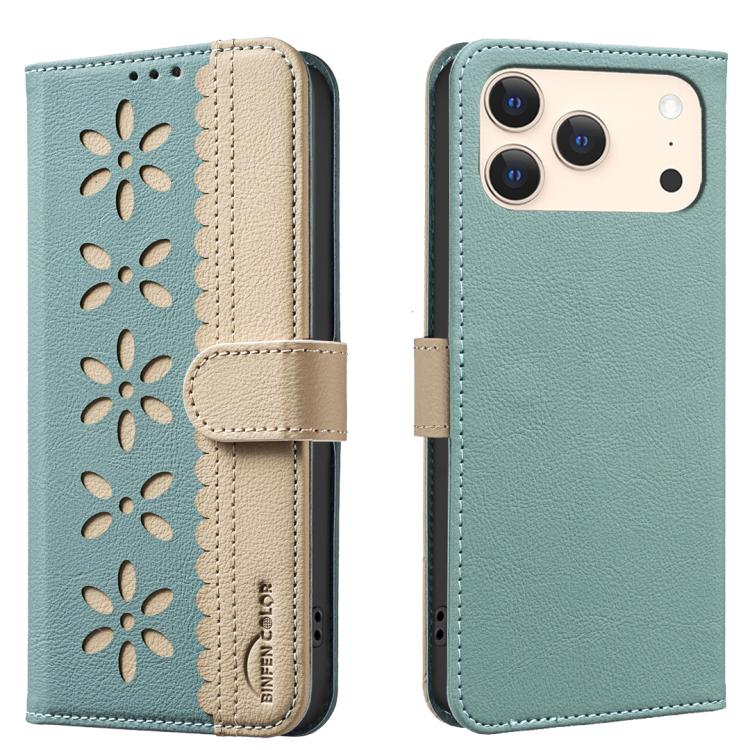 For iPhone 17 Pro Splicing Color Hollow Flower Pattern RFID Leather Phone Case(Green)