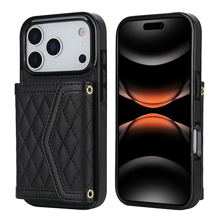 For iPhone 17 Pro Splicing Rhombic Texture Card Bag Phone Case with Long Lanyard(Black)