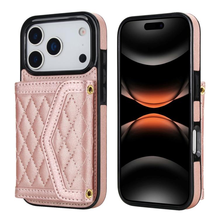 For iPhone 17 Pro Splicing Rhombic Texture Card Bag Phone Case with Long Lanyard(Rose Gold)