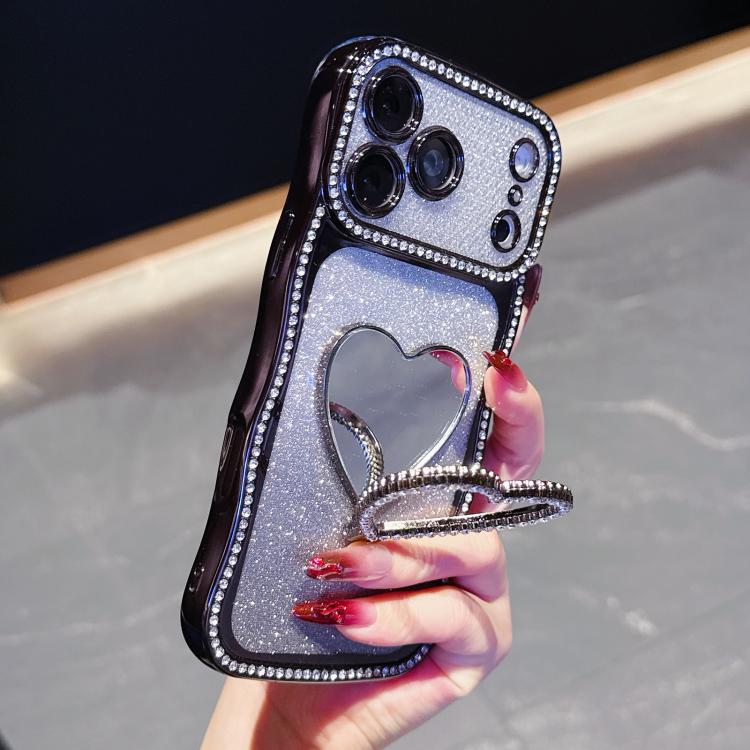 For iPhone 17 Pro Star Diamond Electroplated TPU Glitter Phone Case with Rhinestone Mirror Holder(Black)