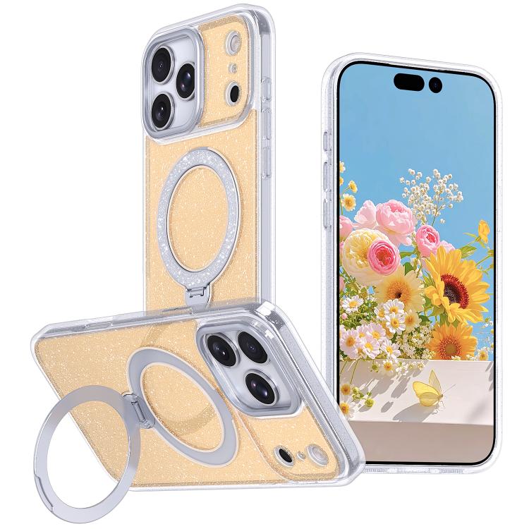 For iPhone 17 Pro Starry Glitter Magnetic Holder Phone Case(Orange)