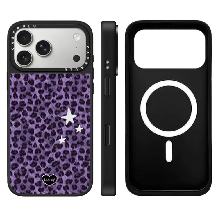 For iPhone 17 Pro Stars Leopard Series Pattern Camera Control Button Mirror Magnetic Phone Case(Purple Leopard)