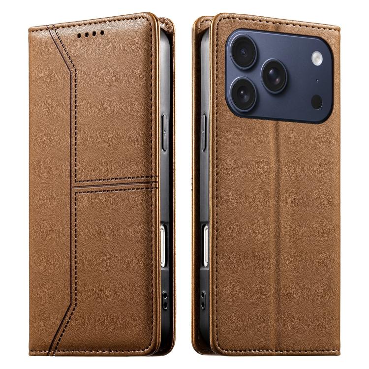 For iPhone 17 Pro Stitched Line Magnetic RFID Vegan Leather Phone Case(Brown)