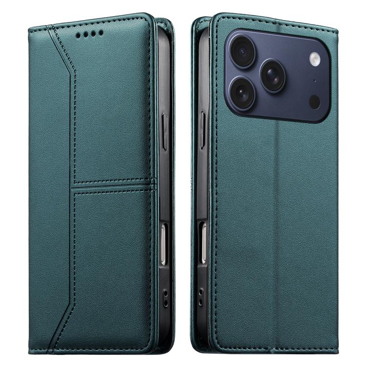 For iPhone 17 Pro Stitched Line Magnetic RFID Vegan Leather Phone Case(Green)