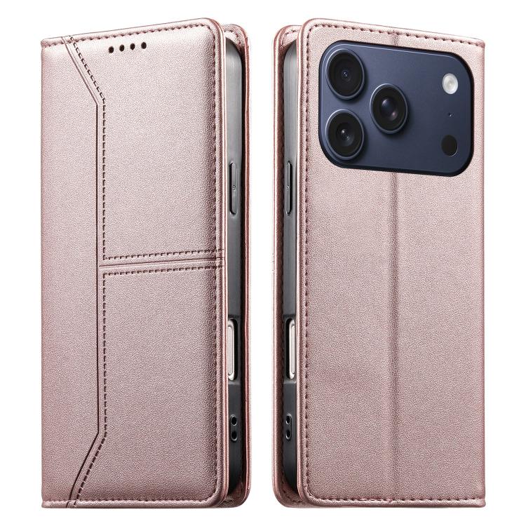 For iPhone 17 Pro Stitched Line Magnetic RFID Vegan Leather Phone Case(Pink)