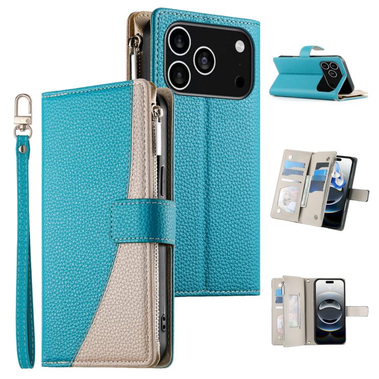 For iPhone 17 Pro Stitching Multi-card Zipper Wallet Leather Phone Case with Short Strap(Blue)