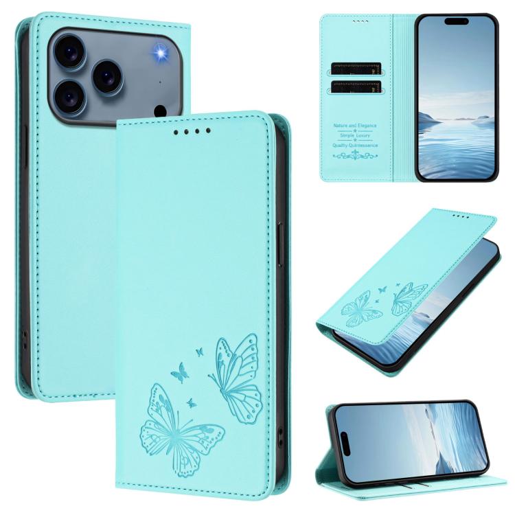 For iPhone 17 Pro Strong Magnetic Dual Butterfly RFID Vegan Leather Phone Case(Mint Green)