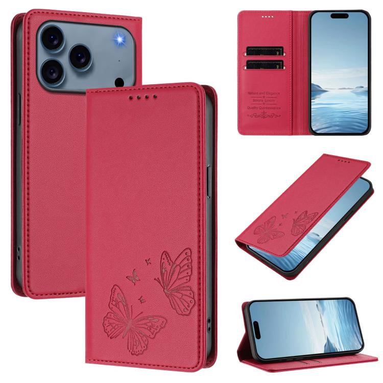 For iPhone 17 Pro Strong Magnetic Dual Butterfly RFID Vegan Leather Phone Case(Red)