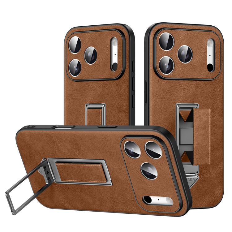 For iPhone 17 Pro SULADA Wristband Hidden Metal Holder Faux Leather Phone Case(Brown)