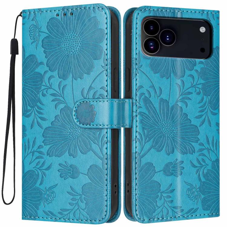 For iPhone 17 Pro Sunflower Embossed Vegan Leather Phone Case with Small Black Rope(Blue)