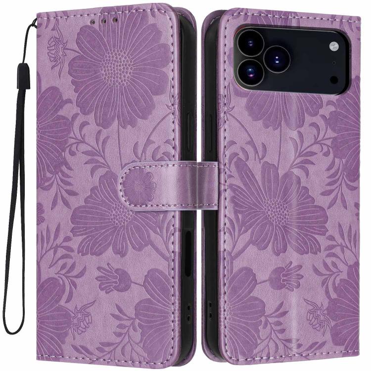 For iPhone 17 Pro Sunflower Embossed Vegan Leather Phone Case with Small Black Rope(Purple)