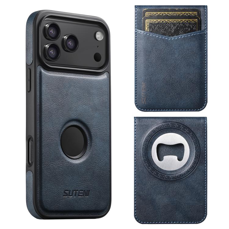 For iPhone 17 Pro Suteni G1S5 2-in-1 Magnetic Detachable Bottle Opener Card Bag Cow Leather Back Phone Case(Blue)