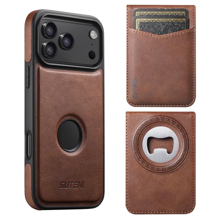 For iPhone 17 Pro Suteni G1S5 2-in-1 Magnetic Detachable Bottle Opener Card Bag Cow Leather Back Phone Case(Brown)