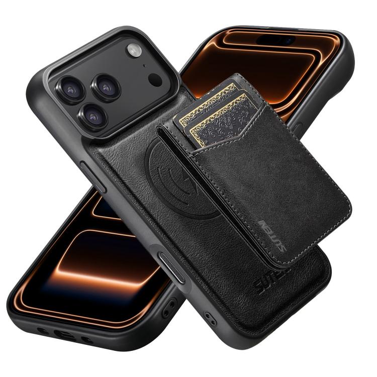 For iPhone 17 Pro Suteni G5S5 2-in-1 Magnetic Detachable Bottle Opener Card Bag Cow Leather Back Phone Case(Black)