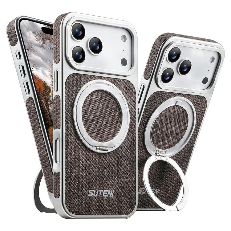 For iPhone 17 Pro Suteni G6 Denim Pattern Electroplated 360 Rotation Holder Magnetic Phone Case(Brown)