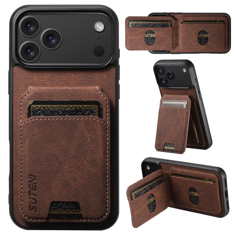 For iPhone 17 Pro Suteni H02 Litchi Leather Card Wallet Stand Back Phone Case(Brown)