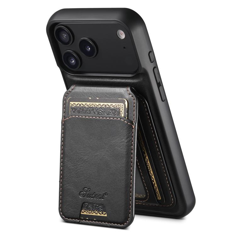 For iPhone 17 Pro Suteni H15 MagSafe Oil Eax Leather Detachable Wallet Back Phone Case(Black)