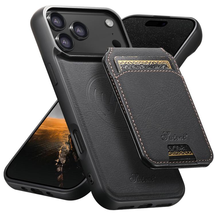 For iPhone 17 Pro Suteni H16 Litchi Texture Leather Detachable Wallet Back Phone Case(Black)