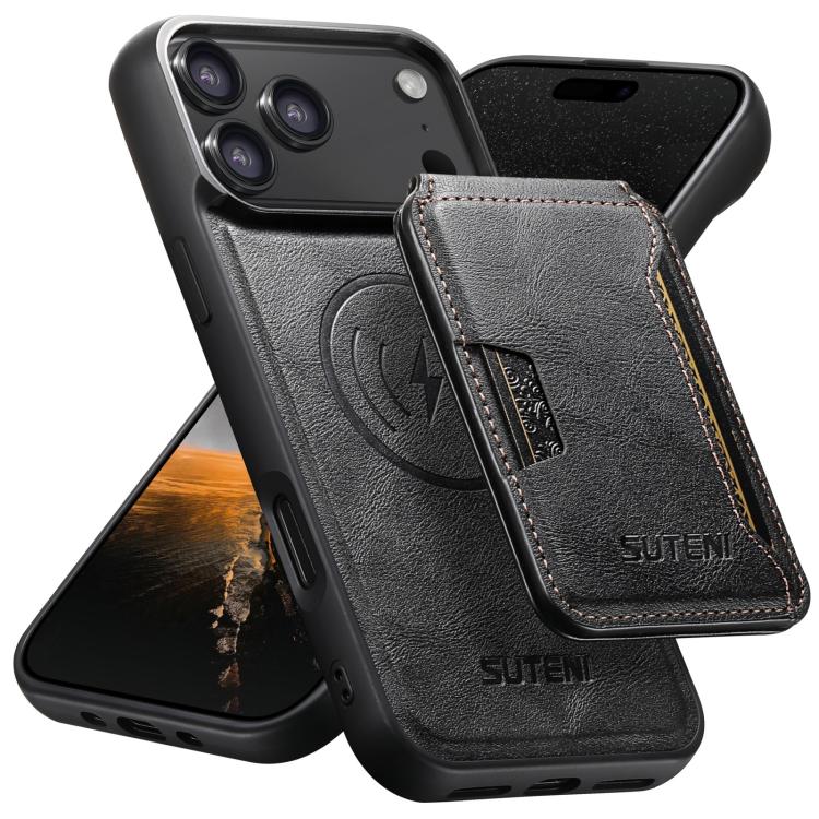 For iPhone 17 Pro Suteni M3 Card Bag MagSafe Cowhide Texture Leather Phone Case(Black)