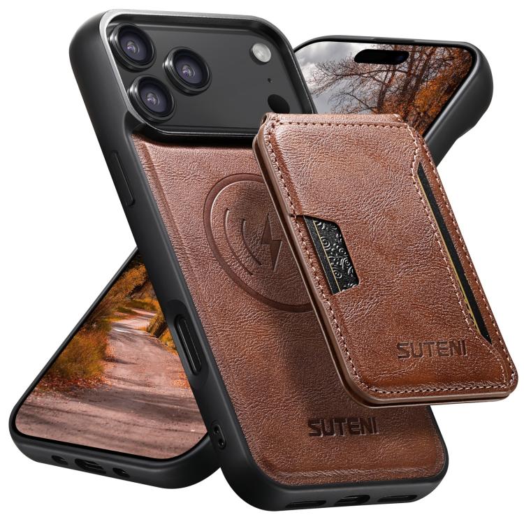 For iPhone 17 Pro Suteni M3 Card Bag MagSafe Cowhide Texture Leather Phone Case(Brown)