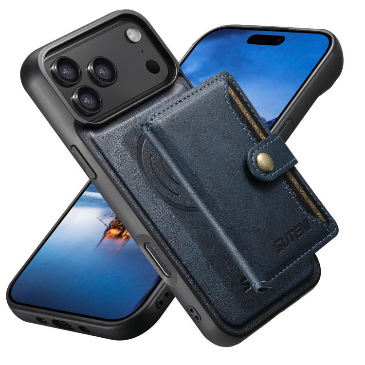 For iPhone 17 Pro Suteni M4 Magnetic Card Bag MagSafe Leather Phone Case(Blue)