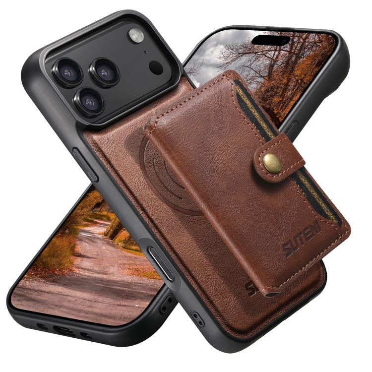 For iPhone 17 Pro Suteni M4 Magnetic Card Bag MagSafe Leather Phone Case(Brown)