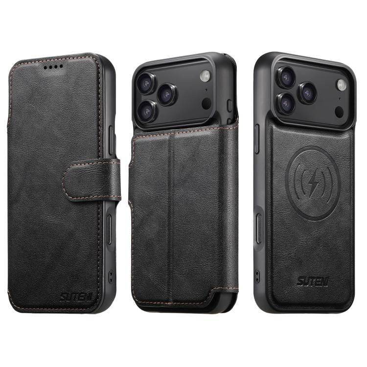 For iPhone 17 Pro Suteni Q05 2-in-1 Multi-function Detachable Wallet MagSafe Phone Case(Black)